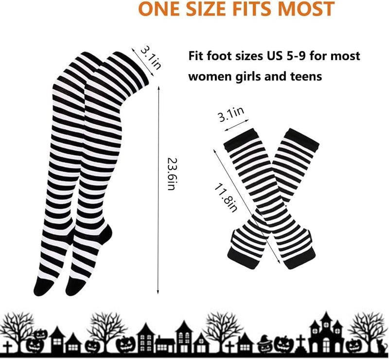 Barrlves Store 2/4 Sets Womens Striped Knee High Socks Long Knitted Arm Warmers Fingerless Gloves for Halloween Costume - Image 2